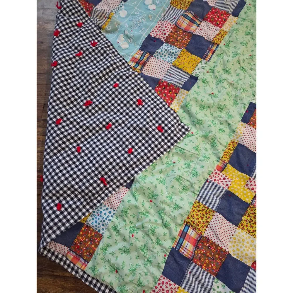 Vtg Quilt Hand Sewn 67x56 Pastel Strip Plaid Flour Sack